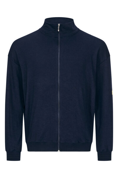 The image shows a dark blue jacket with a high collar and a full-length zipper. It has long sleeves and is designed simply, perfect for sporty or casual outfits.