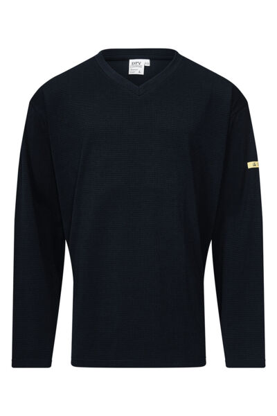 The image shows a long-sleeved, black V-neck shirt. It has a textured surface and a yellow detail on one sleeve. The style is simple and modern.