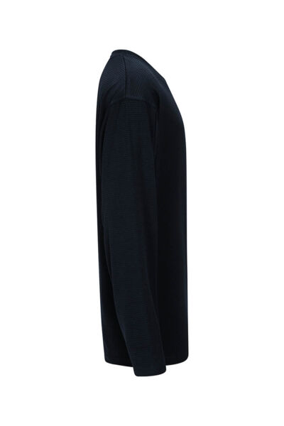 The image shows a black long-sleeve shirt in a side view. It has long sleeves, a round neckline, and a straight fit. The fabric appears plain and solid-colored.