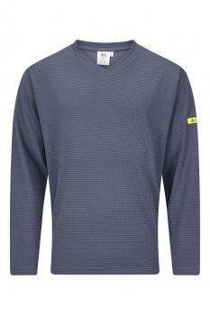 The image shows a long-sleeved, navy blue T-shirt with fine horizontal stripes. It has a V-neck, and there is a yellow label on one sleeve.