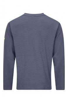 The image shows a long-sleeved top in dark blue with fine, horizontal stripes. The cut is simple and timeless, without any conspicuous embellishments.