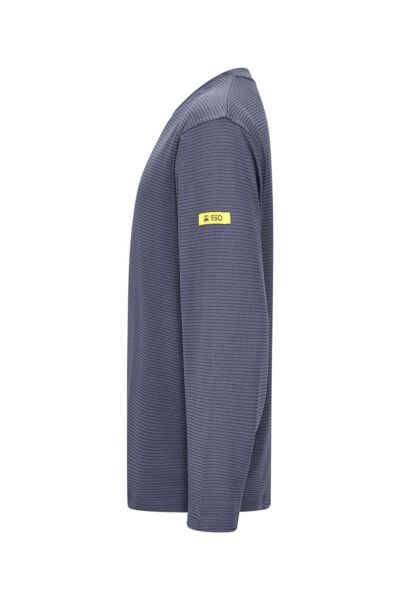 The image displays a long-sleeved, slim-fit, striped top in navy blue. On the left arm, there is a yellow label with the inscription "S 150".