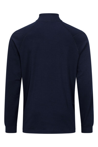 The image shows a dark blue long-sleeve shirt with a high collar. It has long sleeves and a simple, textured surface. The cut is plain and modern.