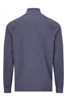 The image shows the back of a dark blue long-sleeve shirt with fine horizontal stripes. It has a short collar and raglan sleeves. The fabric appears soft and lightweight.