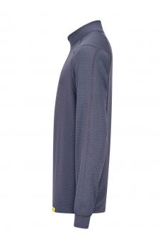 The image shows a long-sleeved, gray-blue top with a high collar. It features a fine, vertical stripe pattern and a sporty cut.