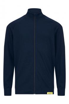 The image shows a dark blue jacket with a stand-up collar and a full-length zipper. It has long sleeves and a small yellow brand patch at the bottom edge.