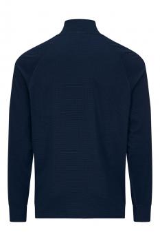 The image shows a dark blue sweater with a stand-up collar. It has long sleeves and a smooth texture, with no noticeable patterns or details on the back.