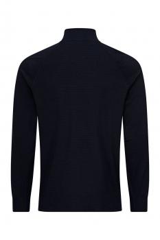 Das Bild zeigt das Rückenteil eines schwarzen Pullovers mit einem hohen Kragen. Der Stoff wirkt glatt und die Ärmel sind lang. Die Form ist lässig und modern.