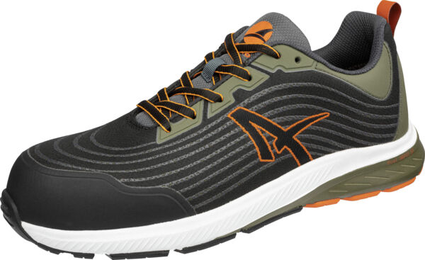 The shoe is a sporty sneaker with a black and olive green color scheme. It has a modern shape, thick white sole, and orange accents that make it look dynamic.