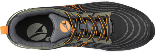 The image shows a sporty shoe in black and gray with orange accents. The shoelaces are also orange, and the shoe has a modern design.