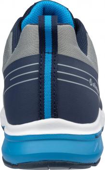 The image displays the rear view of a sports shoe. It is dark blue with gray and blue accents. The sole is light blue, and there are textile structures on the upper material.