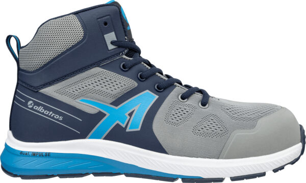 The shoe is a gray half shoe with blue accents. It features a high design for ankle protection, mesh-like inserts for breathability, and a bright, thick sole for comfort.