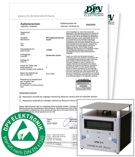 The image displays a calibration certificate in German with details about the manufacturer and the device. Next to it, there is a device with a display, surrounded by a green logo.