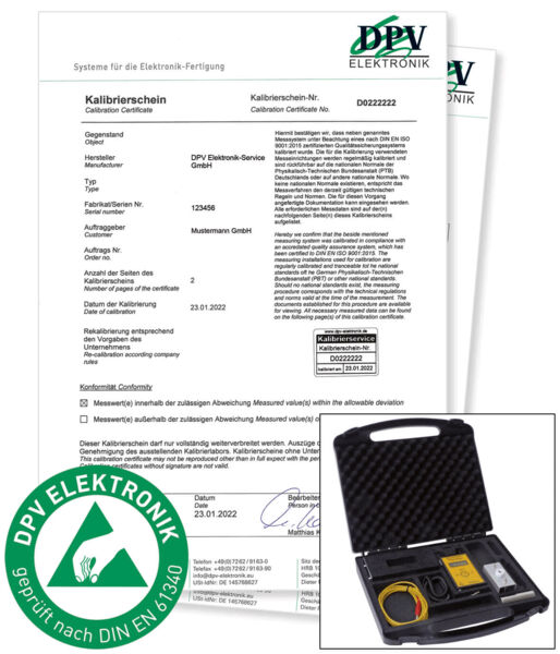 The image displays a calibration certificate from DPV Elektronik, featuring information about a device along with a seal of inspection. Below it, there is a case containing a measuring instrument and accessories.