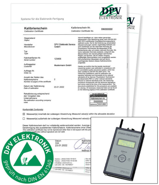 The image displays a calibration certificate document titled "Calibration Certificate" with a certified electronic measuring device. At the bottom left, there is a green quality seal.