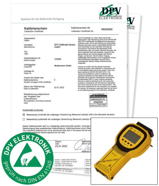 The image displays a calibration certificate from DPV Elektronik. At the top, it reads "Calibration Certificate" with details about the device. At the bottom left, there is a green logo. At the bottom right, there is a yellow measuring device.