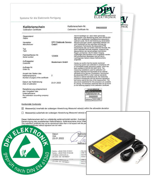 The image displays a calibration certificate featuring the logo of DPV Electronics, surrounded by two documents. In the corner, there is a black device with a yellow sticker and a cable.