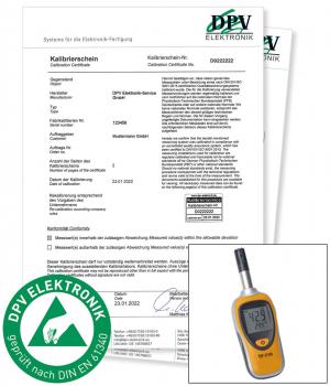 The image shows a calibration certificate in document form and an orange measuring device with a digital display. At the bottom left, there is a green logo with the text 