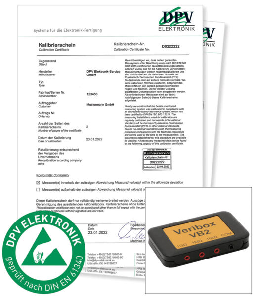 The image displays a calibration certificate with textual information and a black testing device named "Veribox VB2" in the corner. A green certification symbol is also depicted.