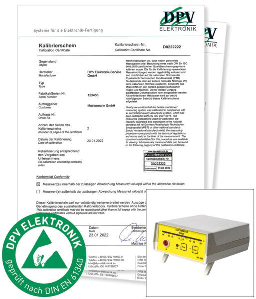 The image displays a calibration certificate with detailed information about an electronic device. Additionally, there is a picture of a device in the corner, which is gray with yellow accents and has buttons.