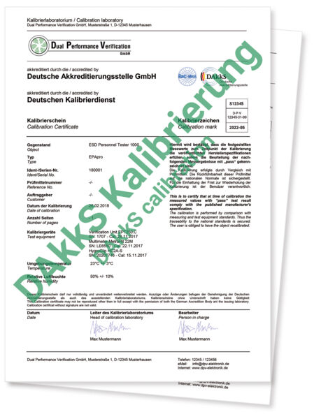 The image displays a calibration certificate. It includes information on accreditation, test data, and the calibration date. The phrase "DAkkS Calibration" is highlighted in green.