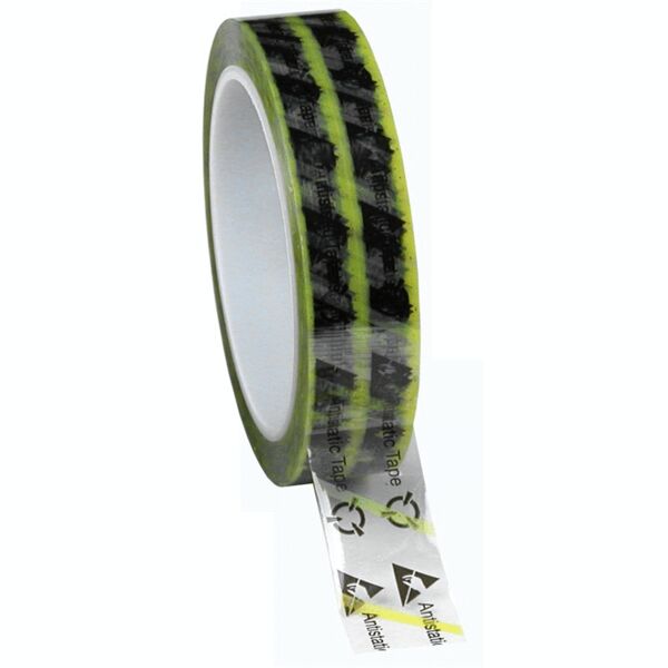 The image shows a roll of crepe-like adhesive tape, transparent with yellow and black stripes. On the edge, symbols and the inscription 