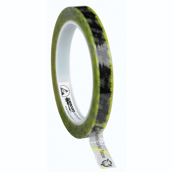 The image shows a roll of tape with a bright green, marbled pattern and a transparent area. Part of the tape is unrolled and displays the label 