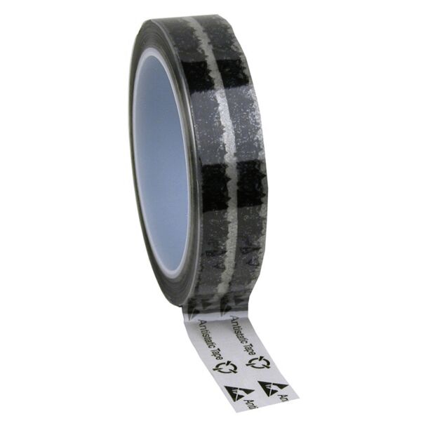 The image shows a roll of tape. The roll has a smooth surface and is patterned in black and gray. One end of the tape hangs over the roll and displays a label.