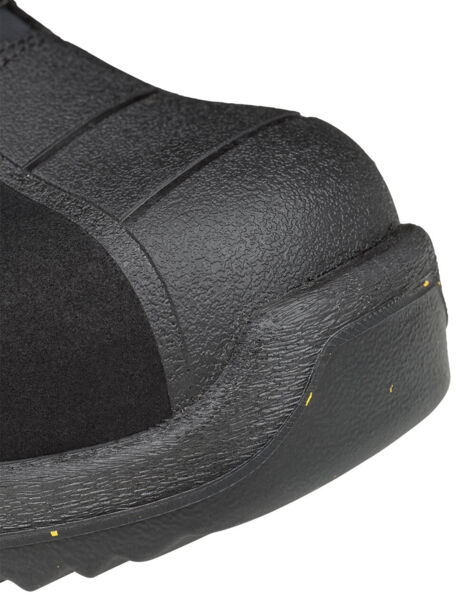 The image shows the front of a black safety shoe. The shoe has a rugged, textured sole and a reinforced toe cap for added protection.