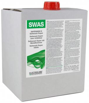 The image shows a square, gray plastic container with a red lid. On the front, it says "SWAS" in green lettering, and next to it is a wide, multilingual description of the contents.