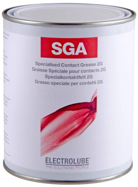 The image shows a round can of contact grease. The packaging has a white surface with red lettering "SGA" and additional information in multiple languages.