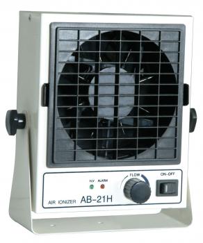 The image shows a compact air ionizer with a square fan in the center. On the front, there are switches and a rotary knob for adjustments.