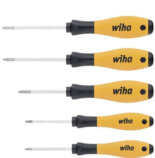 The image shows five screwdrivers with oval, ergonomic handles. The handles are black with yellow elements and the "wiha" logo. The blades vary in length and are slender.