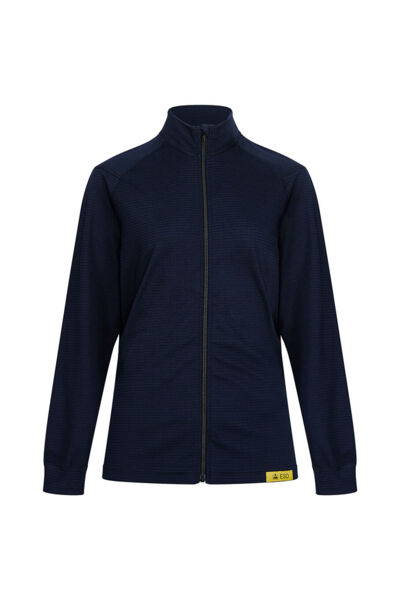 The image shows a dark blue jacket with a stand-up collar and a full-length zipper. The jacket has long sleeves and a subtle yellow brand applique at the hem.