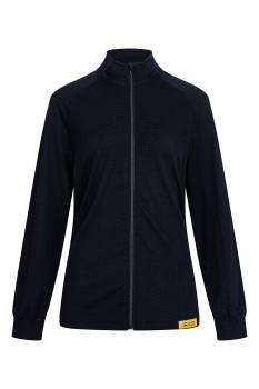 The image shows a black, long-sleeved jacket with a stand-up collar. It features a full-length zipper and elastic cuffs. There is a yellow label on the lower left.