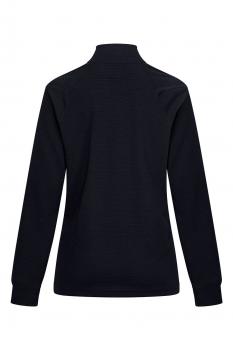 The image shows the rear view of a long-sleeved, black sweater with a stand-up collar. The fabric appears smooth and is simply cut, without any conspicuous patterns.