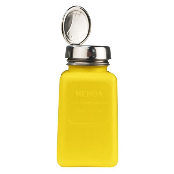 The image shows a yellow bottle with a metallic screw cap. The lid is open and reveals a round, direct opening. The bottle has a matte finish.