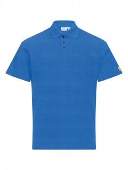 The image shows a short, blue polo shirt. It has a classic collar, three buttons, and a simple, straight shape. There is a small logo on one sleeve.