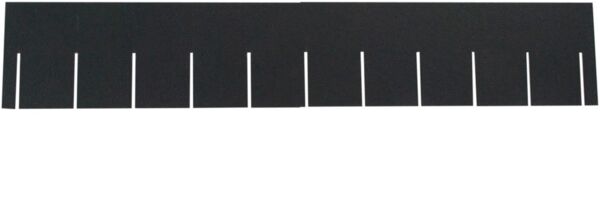 The image shows a black, rectangular piece of material with several evenly distributed white notches or slots along the top edge.