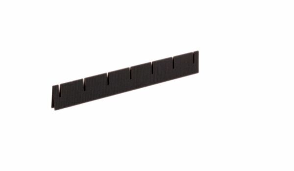 It is a narrow, rectangular strip in black with several notches. This could be part of a control panel or a bracket.