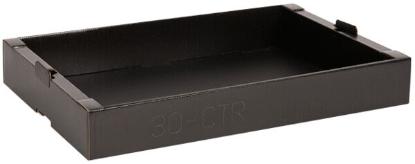 The image shows a black, flat box without a lid, with slightly raised sides and rounded corners. The surface is smooth and solid-colored, with an engraving 