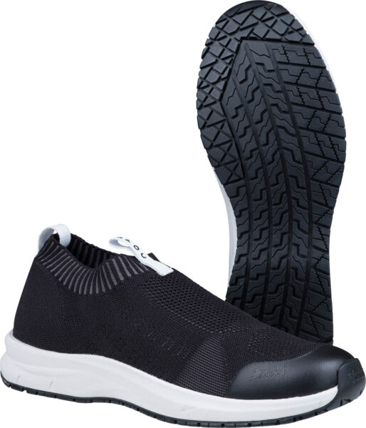 The image shows a sporty, black shoe without laces. It features a breathable upper and a sturdy, non-slip sole with a modern tread.