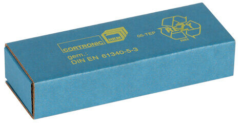 The image shows a blue box with yellow lettering. It is rectangular and likely contains electrical components, marked with standards and a recycling symbol.