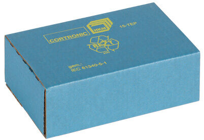 The image shows a rectangular, blue cardboard box with yellow print elements. On the front, there are instructions and symbols in simple font. The box has a clear, smooth surface.