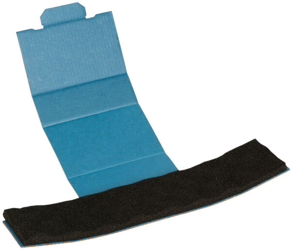 The image shows a blue package that is open. Inside, there is a black, foam-like strip. The package has a foldable flap on top.