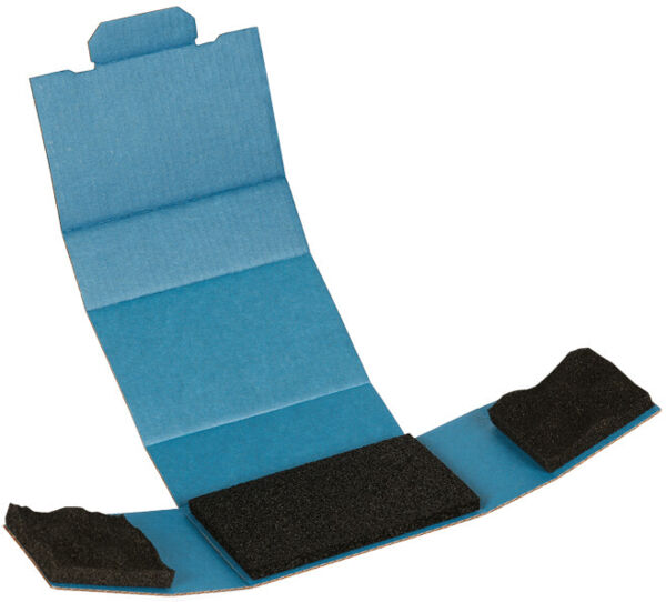 The image shows a foldable blue cardboard surface with a black foam insert in the center. There are also black foam pieces on the sides.