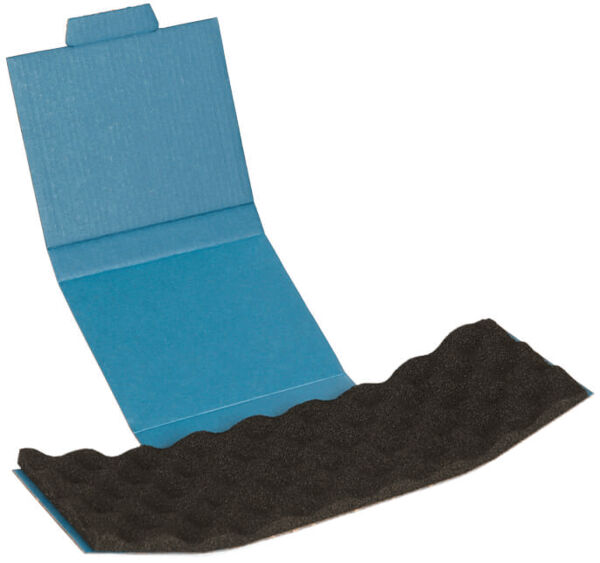 The image shows an open blue packaging. It contains a wavy, black foam insert. The foam surface is soft and has a structural wave shape.