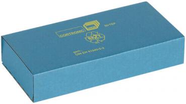 The image displays a rectangular, blue package. It has a simple, smooth surface and is printed with yellow text and symbols, including a cardboard icon and recycling instructions.