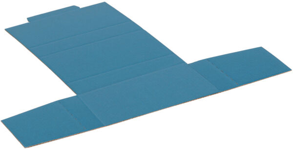 The image shows a flat, blue cardboard box with crease lines. It has a rectangular base and two side flaps that can be used when folding.