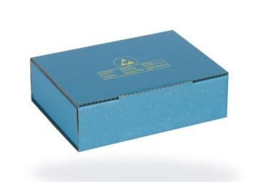 The image shows a rectangular, blue cardboard box with a smooth surface. On the top, there is a yellow graphic and some prints. The box has a flat shape and is closed.